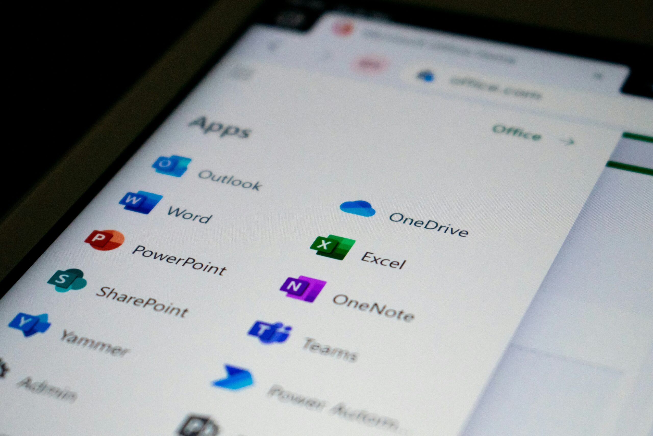 Screen showing Microsoft 365 apps