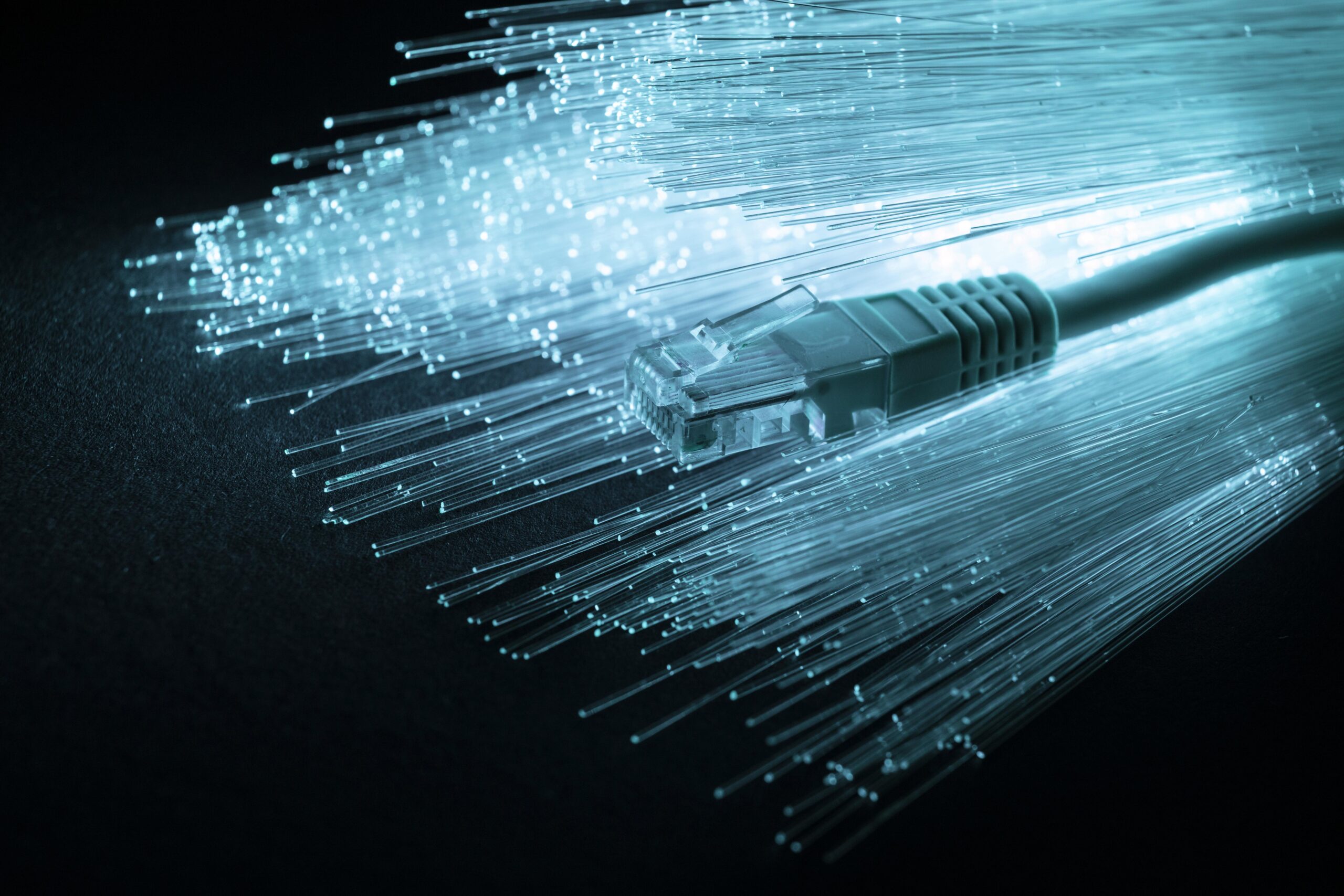 Close-up of an ethernet cable against glowing fiber optics.