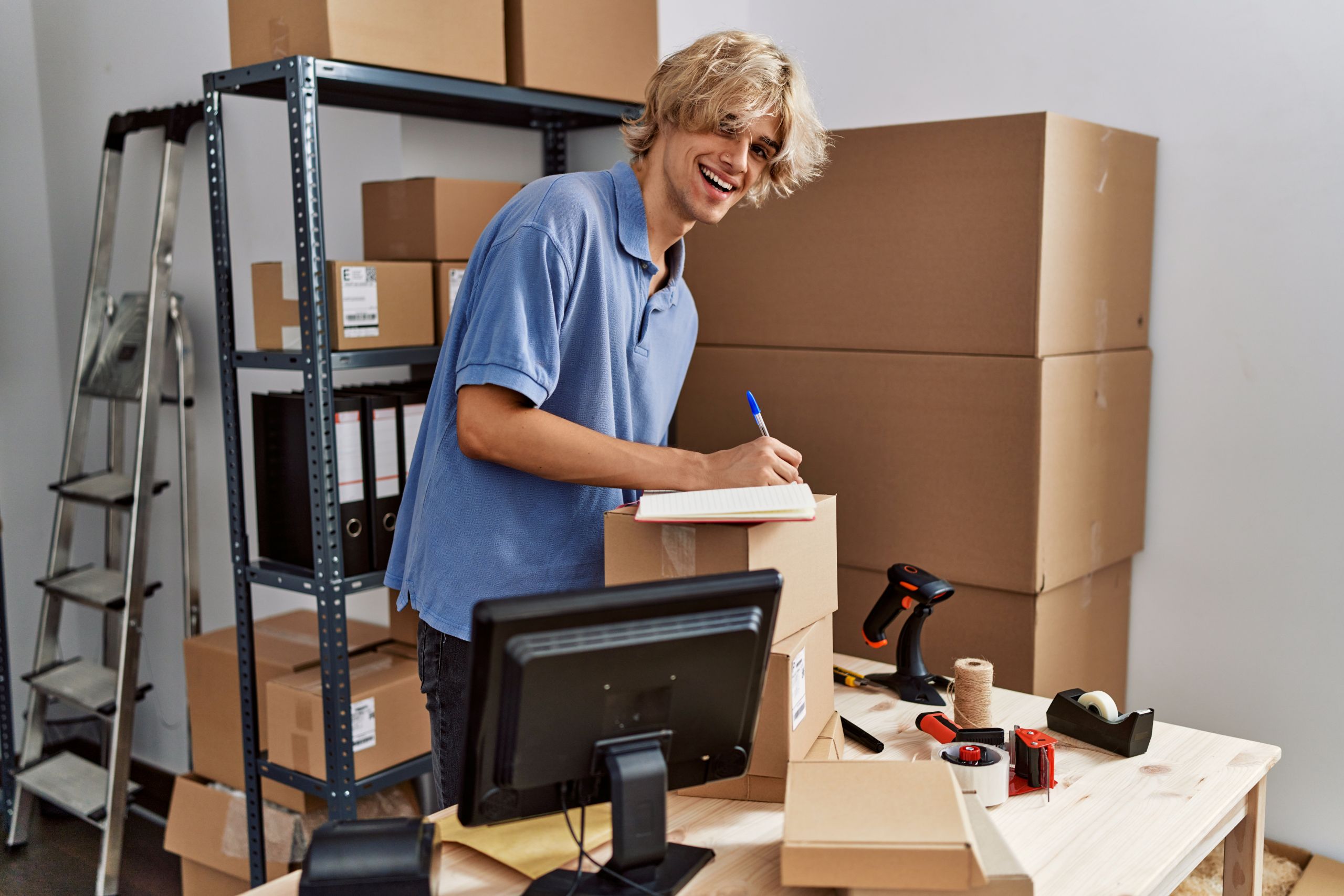 Smiling man writing on notebook surrounded by boxes.